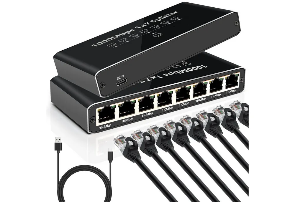 Bundviel LAN Splitter 1 auf 7 Gigabit Ethernet Switch Verteiler Netzwerk-Switch Netzwerk-Switch (RJ45 Anschluss, 1000Mbps Gigabit)