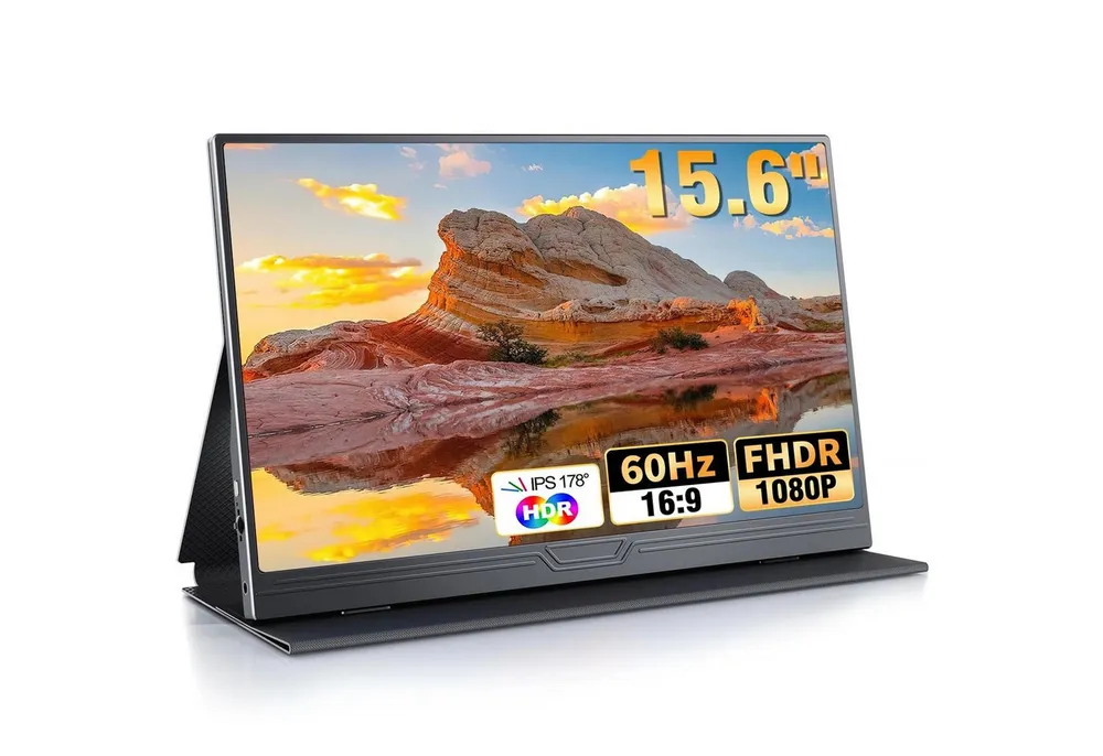 Bundviel Portable Monitor 15,6 Zoll Tragbarer Mobiler IPS 1920x1080 FHD Portabler Monitor (40 cm/15.6 ", 1920x1080 px, Full HD, 2 ms Reaktionszeit, 60 Hz, LCD, Tragbarer Monitor mit Dual-Lautsprechern, USB-C, HDMI)