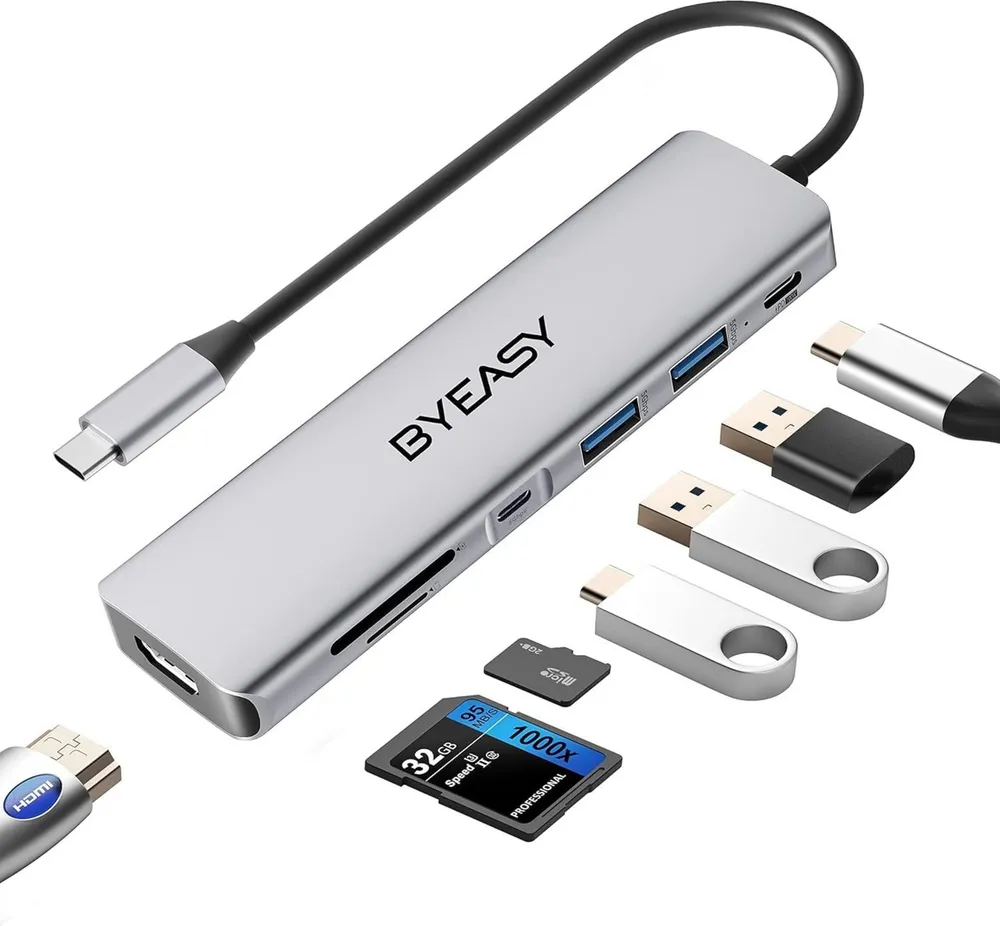 BYEASY USB-Verteiler 7in1 USB C Hub Dockingstation mit 4K HDMI 100W PD SD/TF Kartenleser (USB-C Multiport-Adapter für MacBook und andere Geräte., Inklusive 1 USB-C Hub mit 7 Anschlüssen für vielseitige Nutzung), 7in1 USB C Hub mit 4K HDMI, 100W Power Delivery und SD/TF Kartenleser