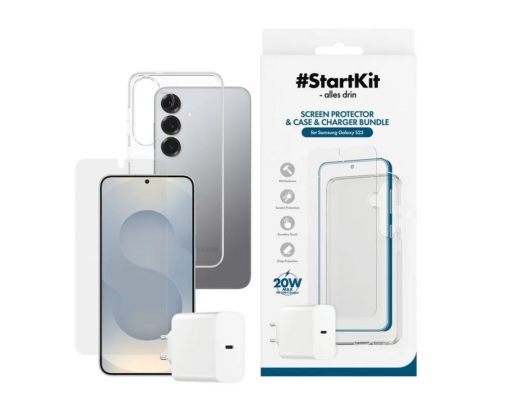 CARE by PanzerGlass StartKit - alles drin - Screen Protector, Case & Charger USB-Ladegerät (Set, 3-tlg., 20W Ladegerät, Displayschutzglas, TPU-Schutzhülle, 3-in-1 Bundle für Samsung Galaxy S25)