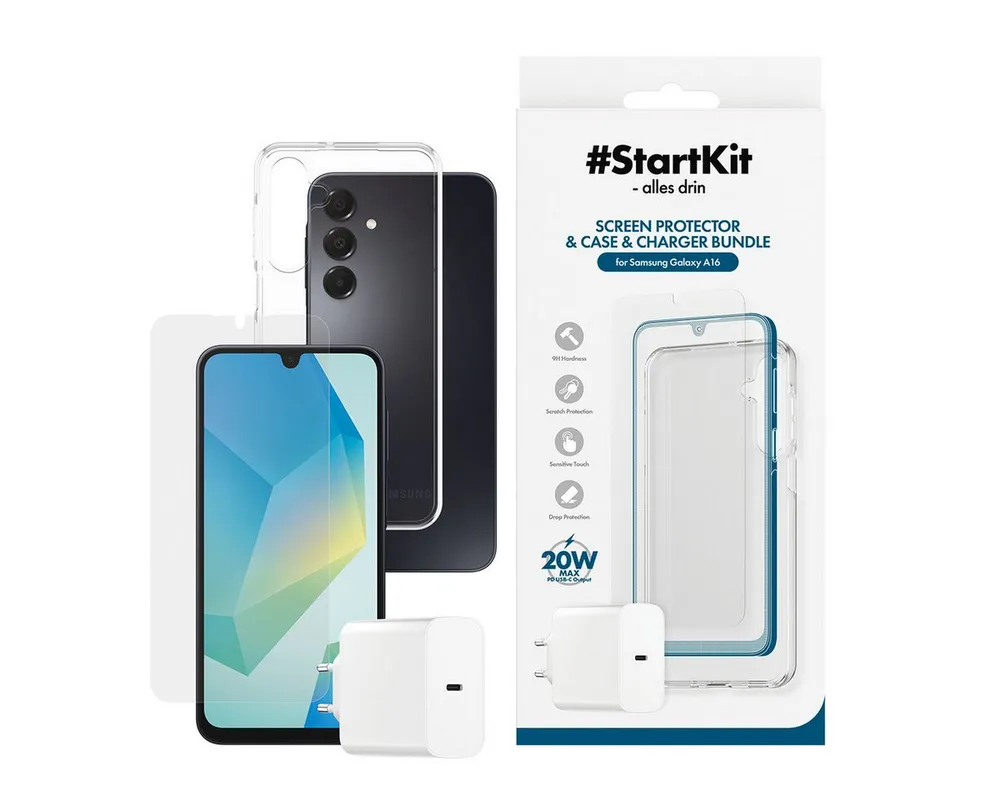CARE by PanzerGlass StartKit - alles drin - Screen Protector, Case & Charger USB-Ladegerät (Set, 3-tlg., 20W Ladegerät, Displayschutzglas, TPU-Schutzhülle, 3-in-1 Bundle für Samsung Galaxy A16)