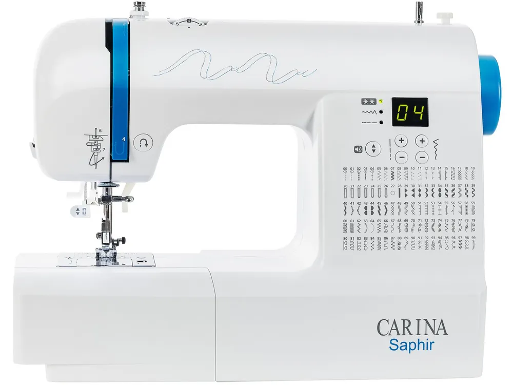 Carina Computer-Nähmaschine SAPHIR Freiarm, Einfädelautomatik, Rückwärtsnähen, Fadenabschneider, 100 Programme, 7 Nähfüße, LED Nählicht, Nadelstop, Großer Anschiebetisch