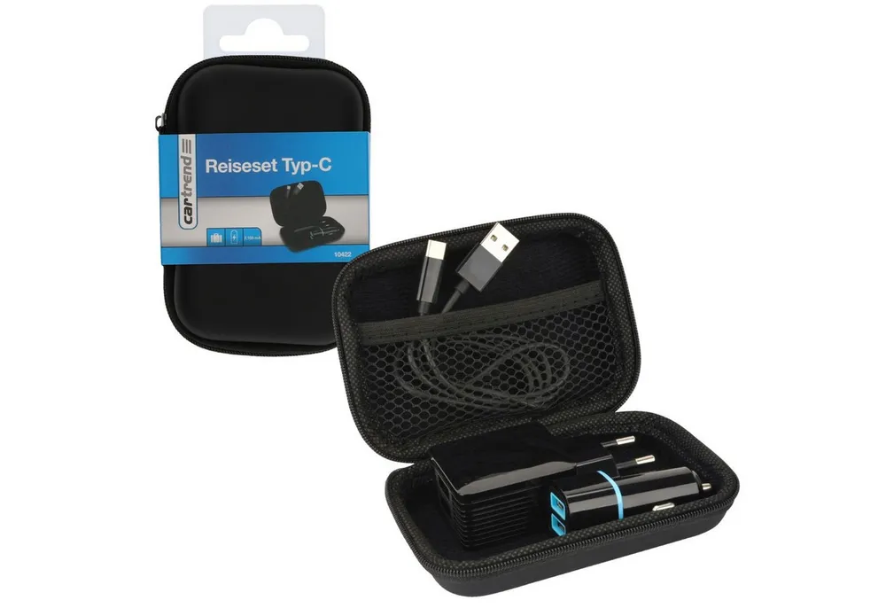Cartrend USB-C Reise-Set Kfz Ladegerät + Netzteil Smartphone-Ladegerät (USB-Kabel Datenkabel Netz-Lader Lade-Set Charger)