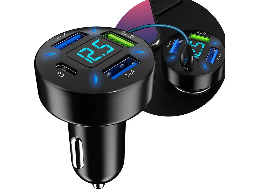 Casativo Beleuchtetes 4 Port Auto USB-Ladegerät USB-Ladegerät (1-tlg., 50 Watt, Spannungsanzeige, 1x USB-C & 3x USB-A)