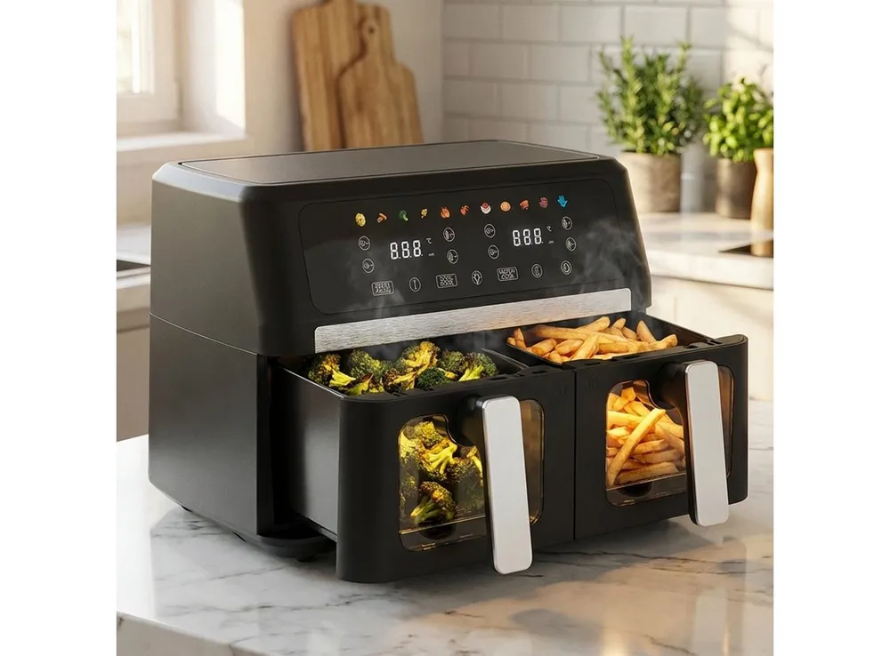 Casativo Heißluftfritteuse 9L Dual Zone Air Fryer – 2x 4,5L Körbe mit Sichtfenster, 2400 W, LED Touch Display – XXL Heissluft Fritteuse