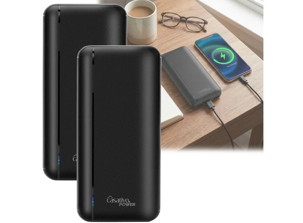 Casativo Kompakte Powerbank 20.000 mAh 3 USB-Ports, Quick Charge 3.0 Smartphone-Ladegerät (2-tlg., gleichzeitige Ladungen von 3 Geräten, 3 A / 15 Watt, 2 USB-A-Ladeports)
