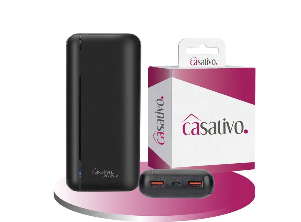 Casativo Kompakte Powerbank 20.000 mAh 3 USB-Ports, Quick Charge 3.0 Smartphone-Ladegerät (1-tlg., gleichzeitige Ladungen von 3 Geräten, 3 A / 15 Watt, 2 USB-A-Ladeports)
