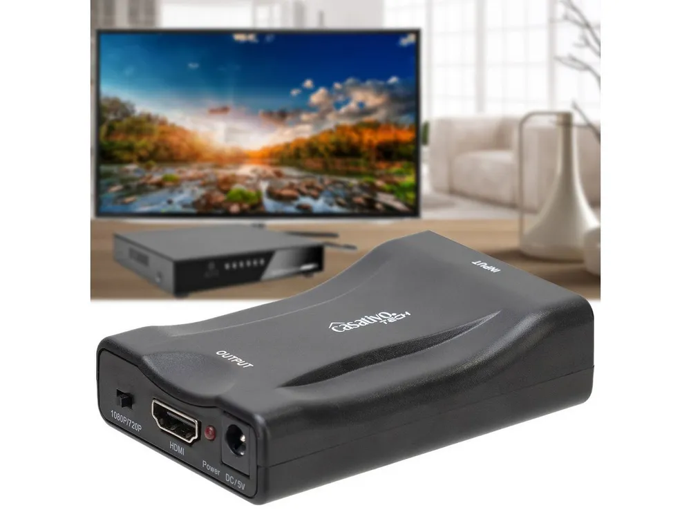 Casativo Scart zu HDMI Konverter 3W Adapter 1080p Full HD Audio Signal Wandler HDMI-Adapter SCART-Buchse, HDMI-Buchse, USB-Stromanschluss, Plug & Play, kein Treiber, 720p/1080p, automatische Bildanpassung