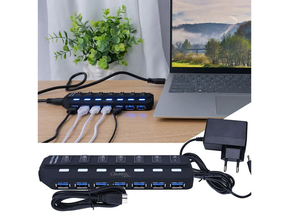 Casativo USB-Verteiler USB 3.0 Hub aktiv 7-fach USB Verteiler mit Netzteil bis 900 mA/Port, 7 Ports einzeln schaltbar/Aktiver Betrieb-Netzteil/ 5 GBit/s USB 3.0