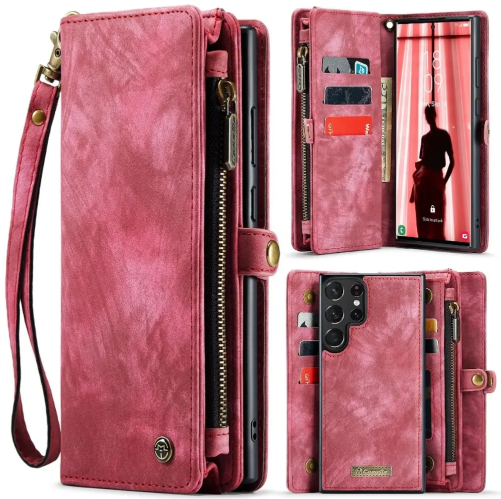 CaseMe Handyhülle Caseme Samsung Hülle mit Zipper 2in1 Samsung S23 Ultra-Rot