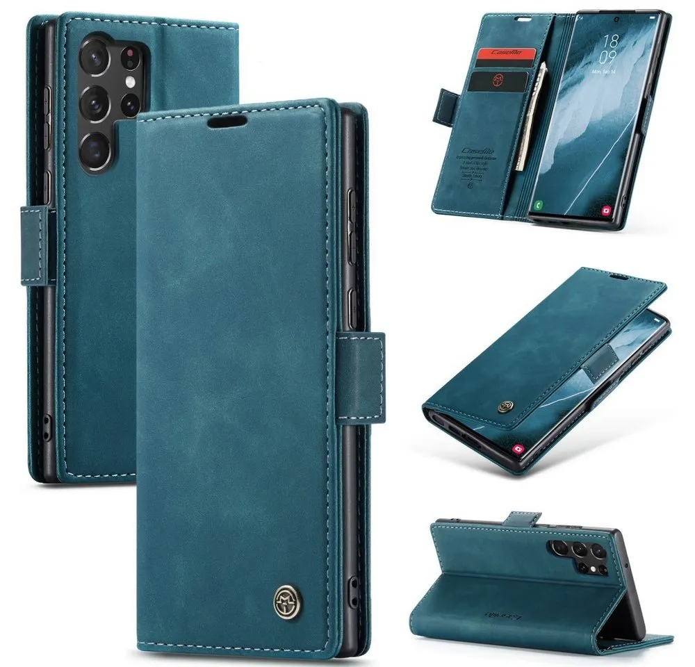 CaseMe Handyhülle Hülle für Samsung Klapphülle Samsung S24 Ultra-Dunkles Zyanblau