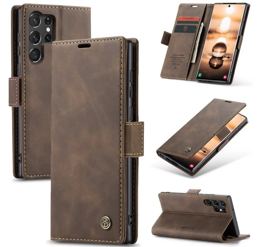CaseMe Handyhülle Premium Hülle für Samsung Klapphülle Samsung S24 Ultra-Dunkelbraun