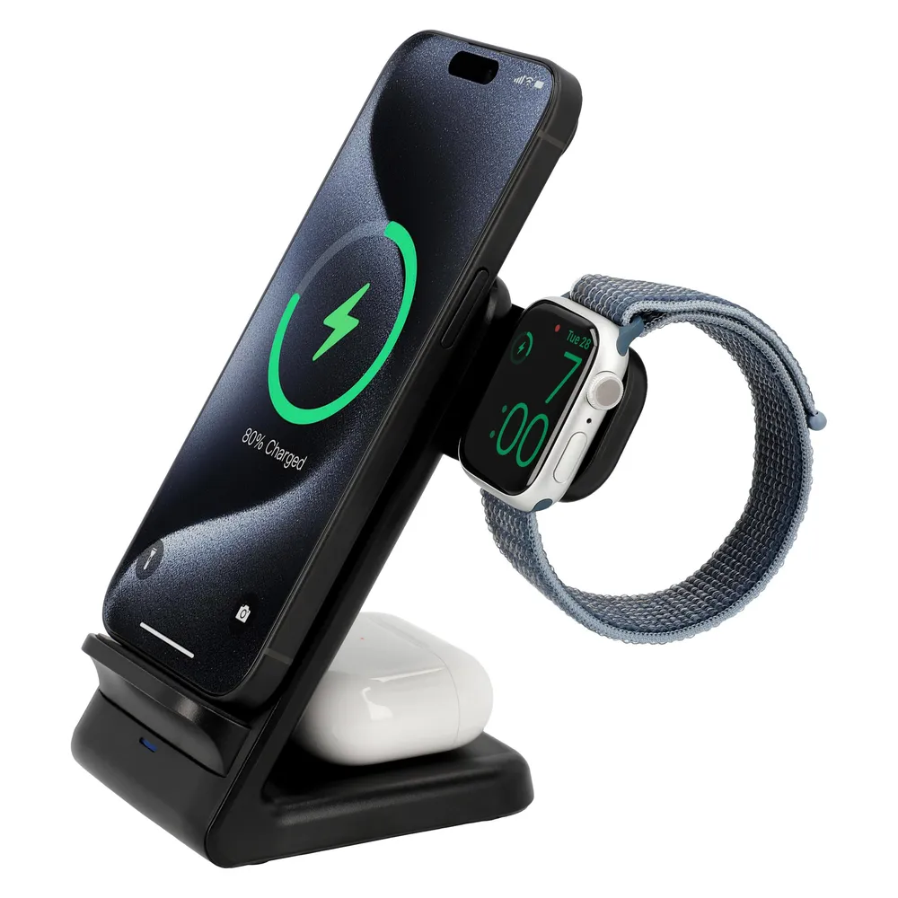 Cazy 3 in 1 Wireless Charger Stand, USB-C, LED-Licht, Schnellladung, Geeignet für Qi-Geräte