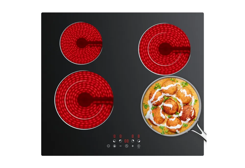 CDV Elektro-Kochfeld 60 cm Glaskeramikkochfeld Cerankochfeld 4 Zonen 2 Doppel-Ring Schnellaufheizung CDVER66BB, Einbau Ceran-Kochfeld 9 Stufen mit Timer 6600 W Touch Control