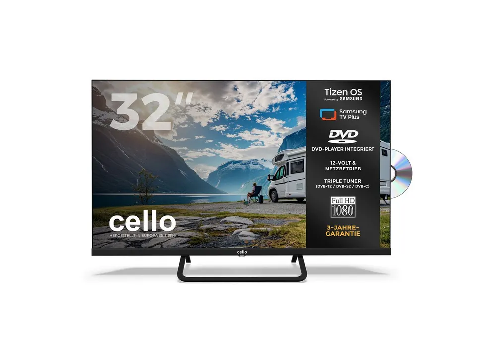 Cello CTrav-32TZF LED-Fernseher (81 cm/32 Zoll, Full HD, Smart TV, LAN (RJ45), WLAN, Triple Tuner (DVB‑S2/T2/C), Smart Tizen OS powered by Samsung)