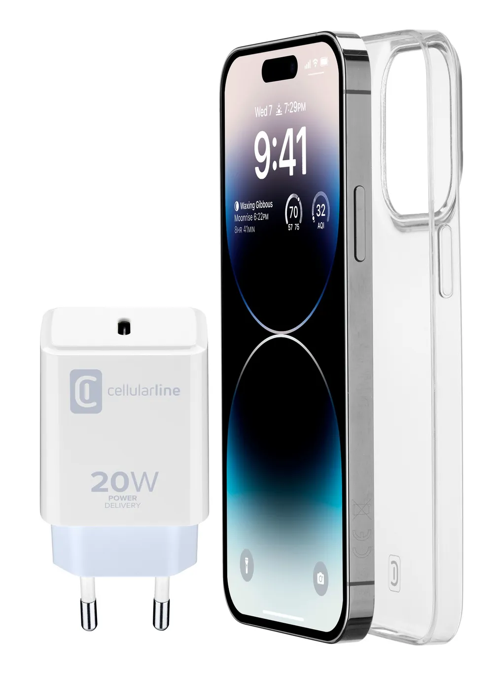 iPhone 14 Pro Starterset inklusive 20 Watt USB-C Ladegerät und Transparentem Back Case
