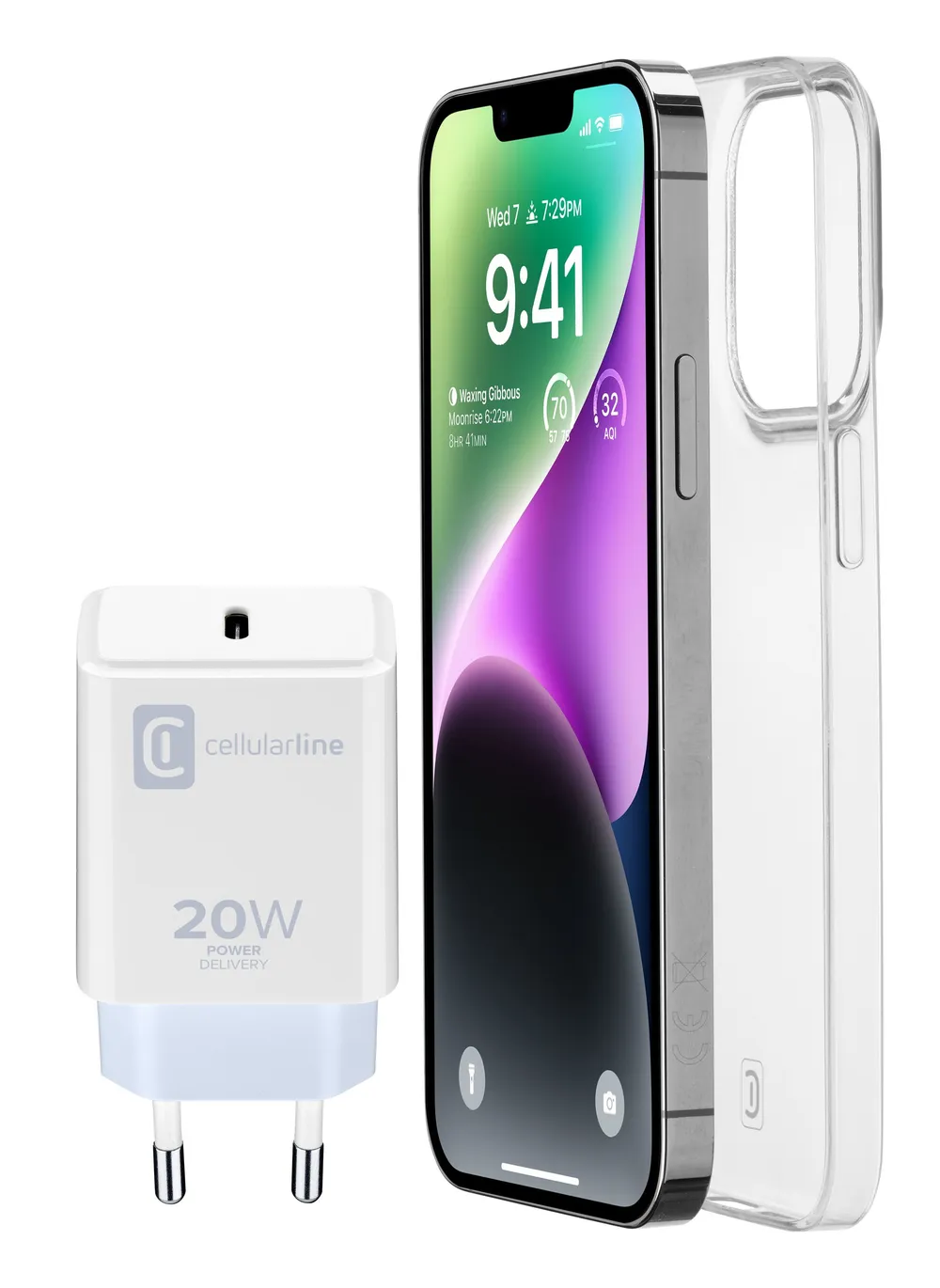 iPhone 14 Starterset inklusive 20 Watt USB-C Ladegerät und Transparentem Back Case