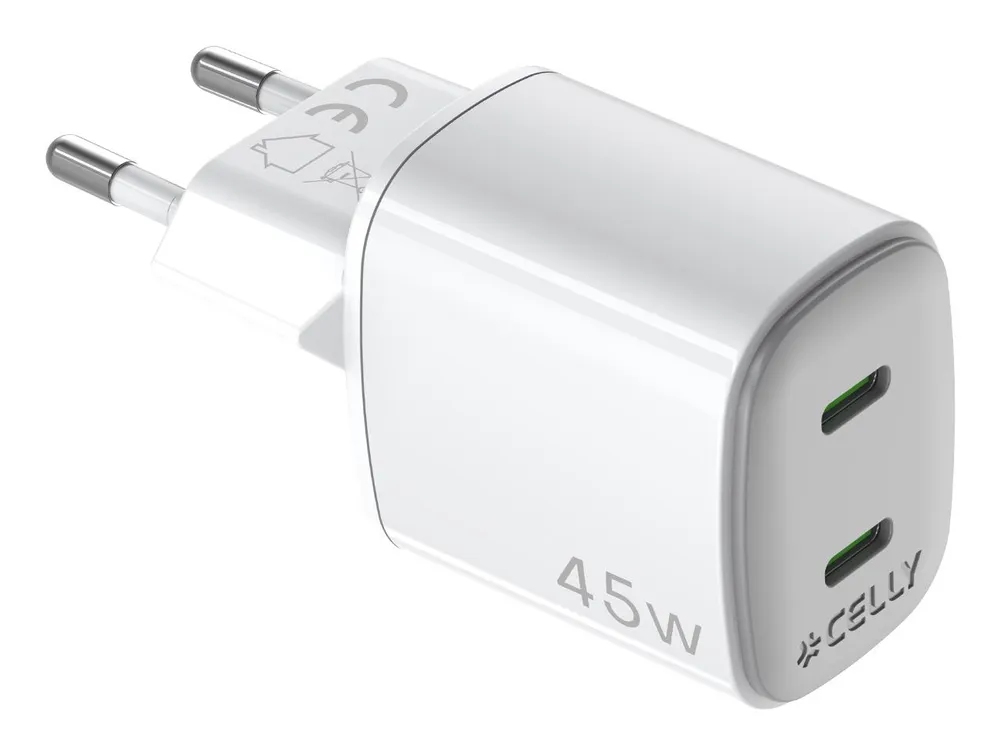 Ladegerät USB-C Celly UPTC2USBC45WWH 45W GaN 2 Ports Weiß