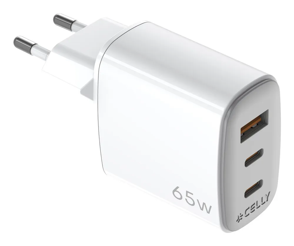 Wandladegerät Celly UPTC 65W 2 USB-C-Ports und 1 USB-A GaN Weiß