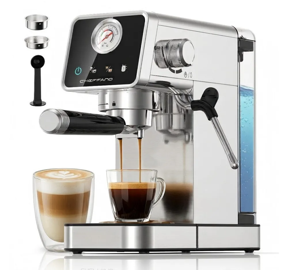 CHEFFANO Espressomaschine 20 Bar, Edelstahl Siebträgermaschine mit Milchaufschäumer, Extraktion