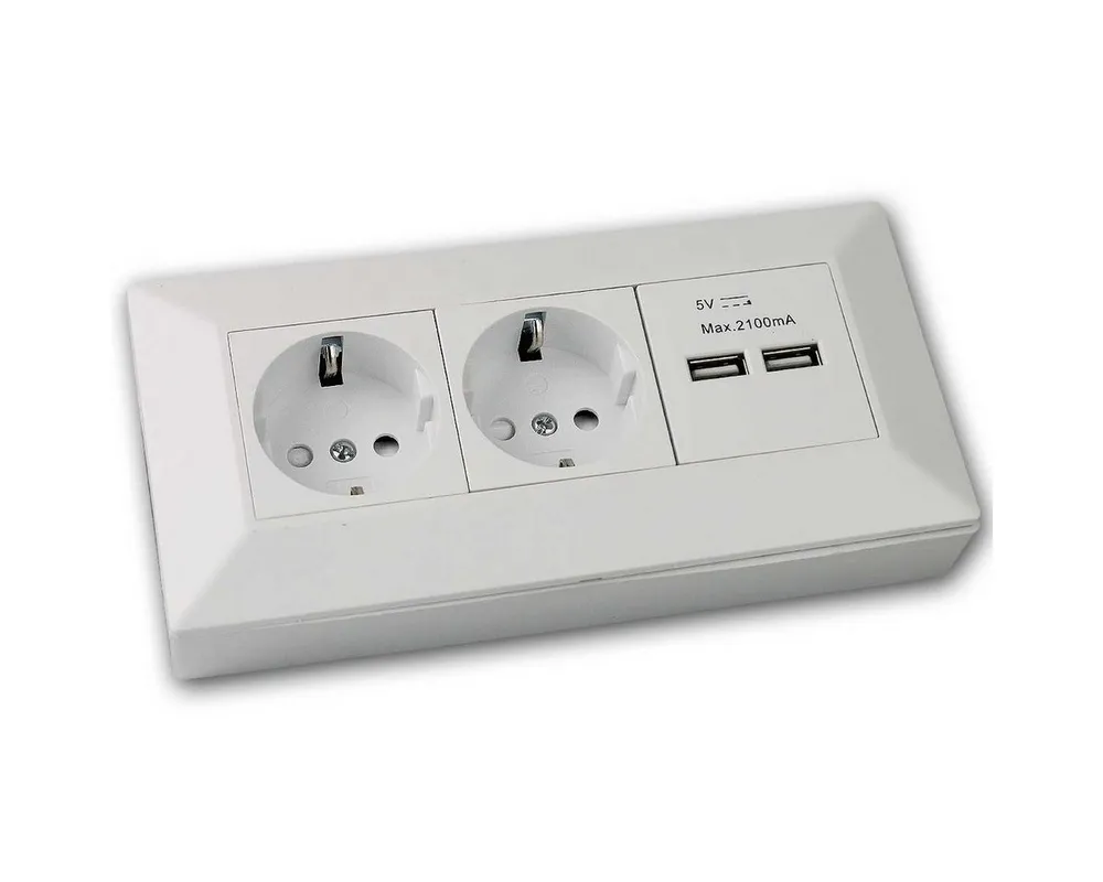 ChiliTec Aufputz-Steckdose 2-fach Aufbau-Steckdosenblock + 2x USB, weiß matt