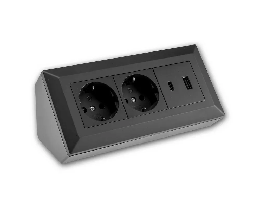 ChiliTec Aufputz-Steckdose 2-fach Steckdosenblock USB-A&C schwarz 250V~/ 16A