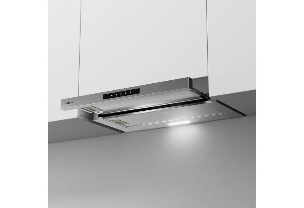 CIARRA Flachschirmhaube 60 cm Teleskophaube A+ 606 m³/h Umluft & Abluft 3 Stufen VMS6909A 60 cm Teleskophaube A+ 606 m³/h Umluft & Abluft 3 Stufen VMS6909A, Ausziehbare Dunstabzugshaube aus Edelstahl mit 2 Kohlefilter & LED
