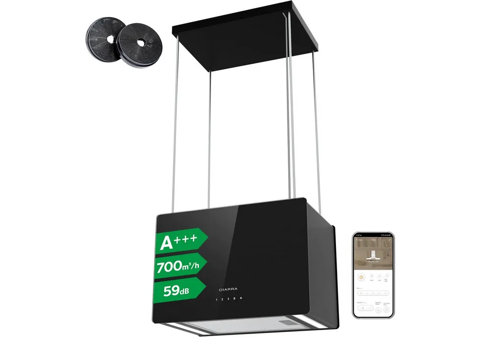 CIARRA Inselhaube 48 cm A+++ 700 m³/h hohe Saugleistung WIFI-APP Touch Control CBCB4850 48 cm A+++ 700 m³/h hohe Saugleistung WIFI-APP Touch Control CBCB4850, Leise Dunstabzugshaube freihängend Umluft Inkl. BOOST 4 Stufen mit LED