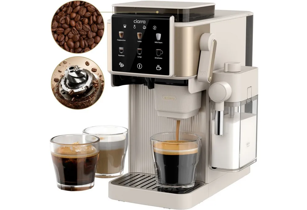 CIARRA Kaffeemaschine mit Mahlwerk Bohnen, Espressomaschine mit Milchaufschäumer, 6 Kaffeeoptionen auf Knopfdruck, 15 Bar Pumpendruck CBSACM-D6, Bohnenbehälter 80g, Milchbehälter 300ml, 6 Mahlstufen Latte Cappuccino