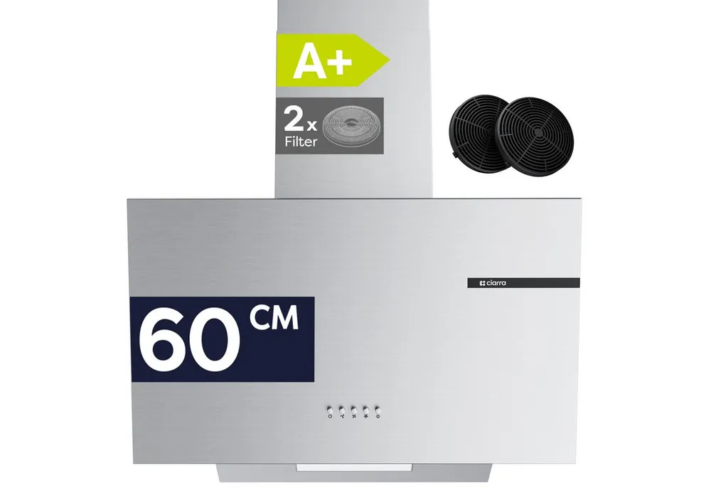 CIARRA Kopffreihaube 60 cm A+ 580 m³/h Schräghaube leise Umluft & Abluft VMS6765A 60 cm A+ 580 m³/h Schräghaube leise Umluft & Abluft VMS6765A, Leise Schräghaube aus Edelstahl mit Kohlefilter Fettfilter LED Silber
