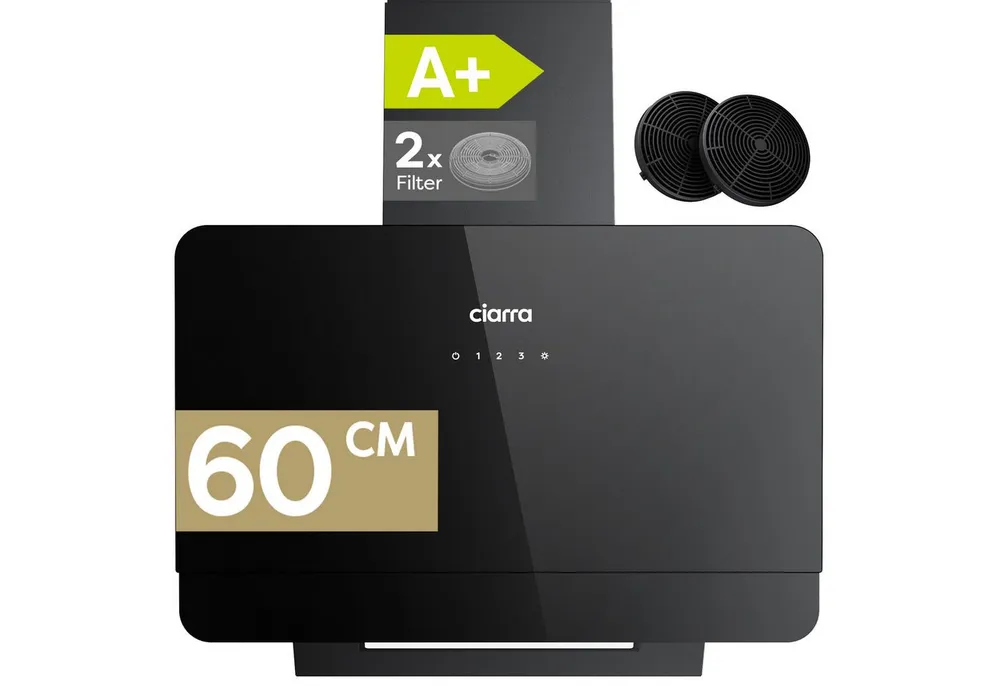 CIARRA Kopffreihaube 60 cm Dunstabzugshaube A+ 580 m³/h SensorTouch 3 Stufen VM6765CB 60 cm Dunstabzugshaube A+ 580 m³/h SensorTouch 3 Stufen VM6765CB, Leise Schräghaube Umluft & Abluft mit 2 Kohlefilter & LED Schwarz