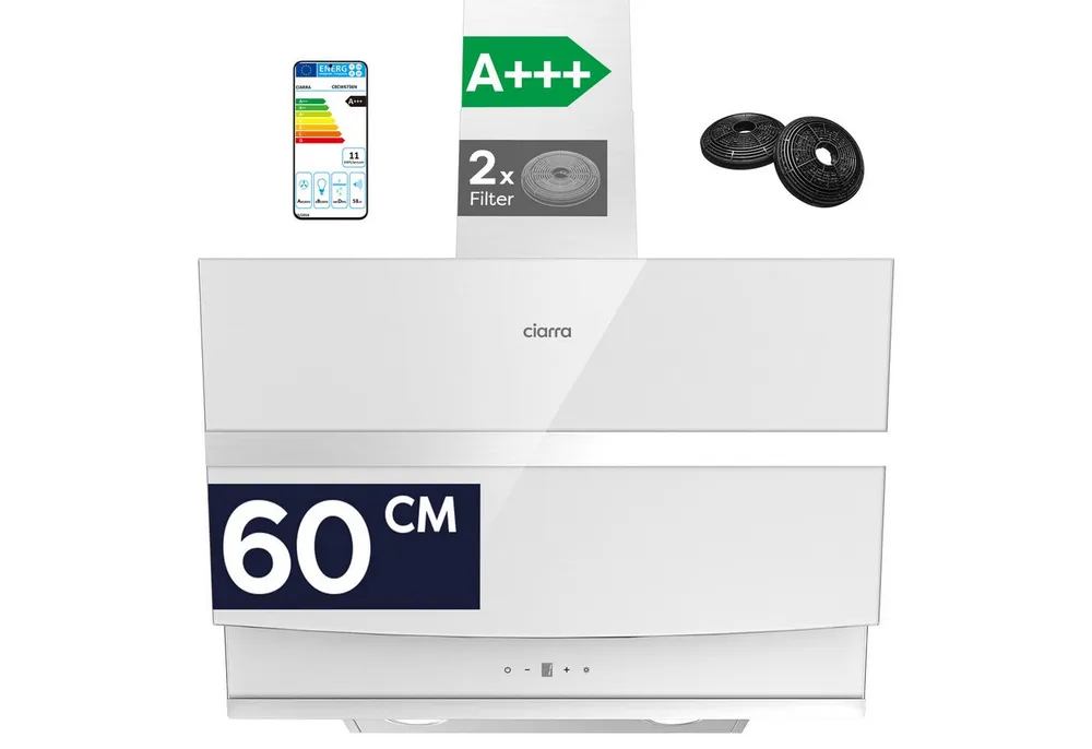 CIARRA Kopffreihaube 60 cm Dunstabzugshaube A+++ 650 m³/h starke Saugleistung VM6736NW Serie 4 Stufen Inkl. BOOST 60 cm Dunstabzugshaube A+++ 650 m³/h starke Saugleistung VM6736NW, Leise Schräghaube 5-Minuten-Nachlaufschaltung WIFI-APP Touch Control