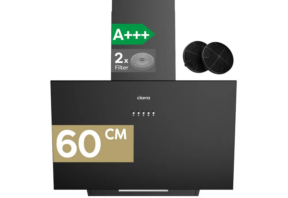 CIARRA Kopffreihaube 60 cm Dunstabzugshaube A+++ 650 m³/h starke Saugleistung VM6762AB 60 cm Dunstabzugshaube A+++ 650 m³/h starke Saugleistung VM6762AB, Leise Schräghaube mit Kohlefilter LED Umluft & Abluft 3 Stufen