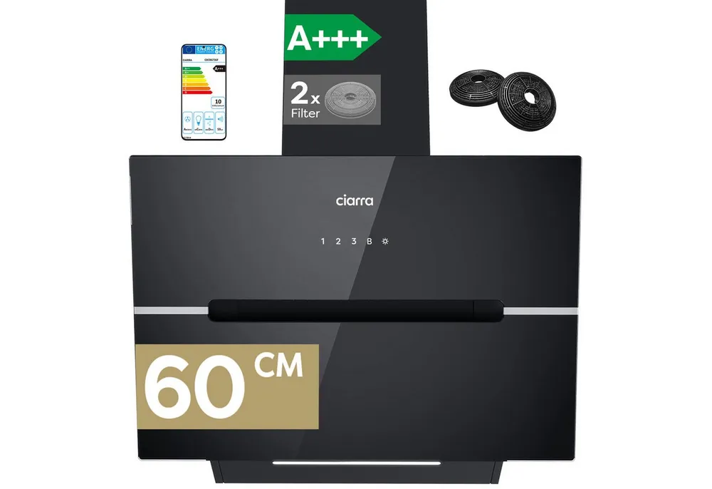 CIARRA Kopffreihaube 60 cm Dunstabzugshaube A+++ 650 m³/h starke Saugleistung VM6736FB Serie 4 Stufen Inkl. BOOST 60 cm Dunstabzugshaube A+++ 650 m³/h starke Saugleistung VM6736FB, Leise Schräghaube WIFI-APP Touch Control Umluft & Abluft mit LED