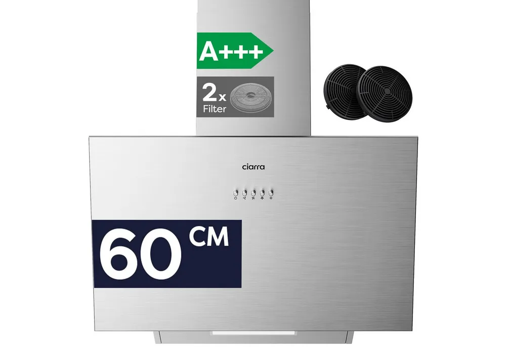 CIARRA Kopffreihaube 60 cm Dunstabzugshaube A+++ 650 m³/h starke Saugleistung VM6762AS 60 cm Dunstabzugshaube A+++ 650 m³/h starke Saugleistung VM6762AS, Leise Schräghaube mit Kohlefilter LED Umluft & Abluft 3 Stufen