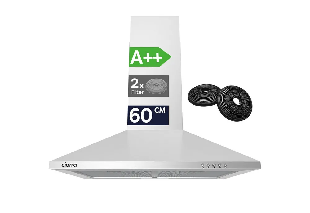 CIARRA Wandhaube 60 cm & 90 cm Dunstabzugshaube A++ 406 m³/h Umluft & Abluft 3 Stufen Serie CBCS6201 60 cm & 90 cm Dunstabzugshaube A++ 406 m³/h Umluft & Abluft 3 Stufen, Dunstabzugshaube 60 cm A++ 404 m³/h Umluft & Abluft 3 Stufen Silber