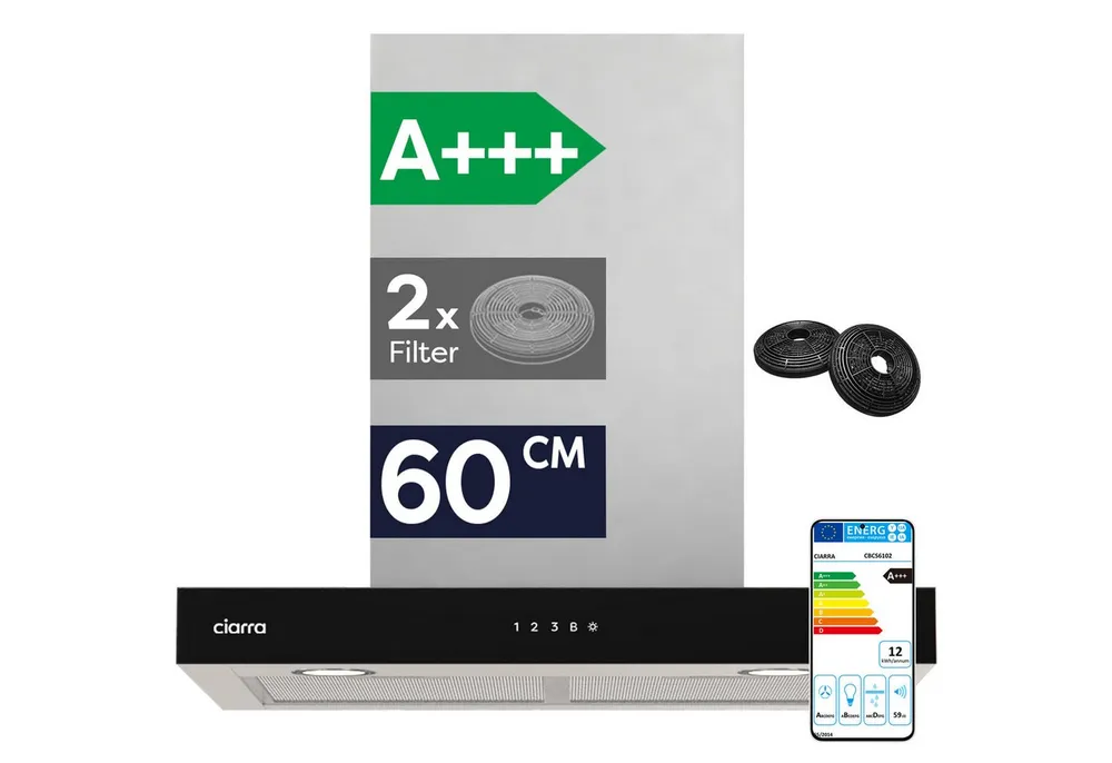 CIARRA Wandhaube 60 cm Dunstabzugshaube A+++ 706 m³/h Umluft & Abluft 4 Stufen CBCS6102 60 cm Dunstabzugshaube A+++ 706 m³/h Umluft & Abluft 4 Stufen CBCS6102, Kaminhaube leise WIFI-APP Touch Control Inkl. BOOST aus Edelstahl LED