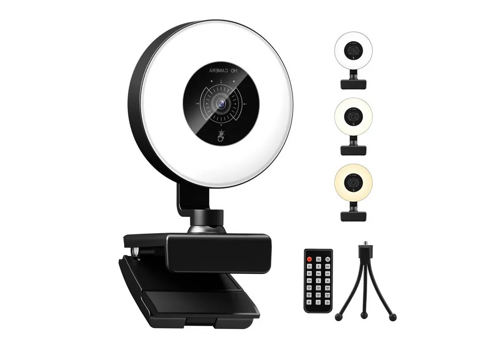 CkeyiN 4K Webcam mit Ringlicht PC Kamera Streaming Kamera 1080P 30FPS Full HD-Webcam (4K Ultra HD, 9x opt. Zoom, Autofokus 3 Lichtsmodi stufenlose Einstellung mit Mikrofon Stativ)
