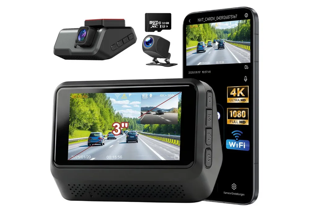 CkeyiN Dashcam Auto 4K+1080P 2-Kanal 170° Weitwinkel mit 32GB TF-Karte WDR Dashcam (4K Ultra HD, 3'' IPS-Bildschirm, mit Nachtsicht, G-Sensor, Loop-Aufnahme Wifi App-Steuerung)