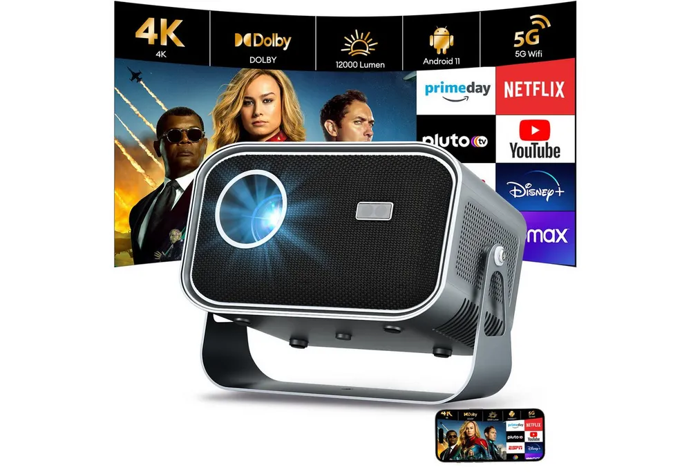 CkeyiN LCD-Beamer 4K 1080P Projektor unterstützt Netflix Youtube LCD-Beamer (12000 lm, 1280×720 px, Autofokus Beamer Augenschonender Projektor Wifi 2,4G 5G Android 11)