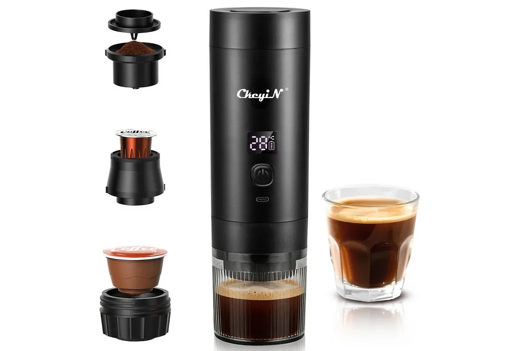 CkeyiN Reisekaffeemaschine Tragbare Espressomaschine für Kapseln/Pulver/Tee, 0,2l Kaffeekanne, Korbfilter, 3 in 1 Camping-Kaffeemaschine