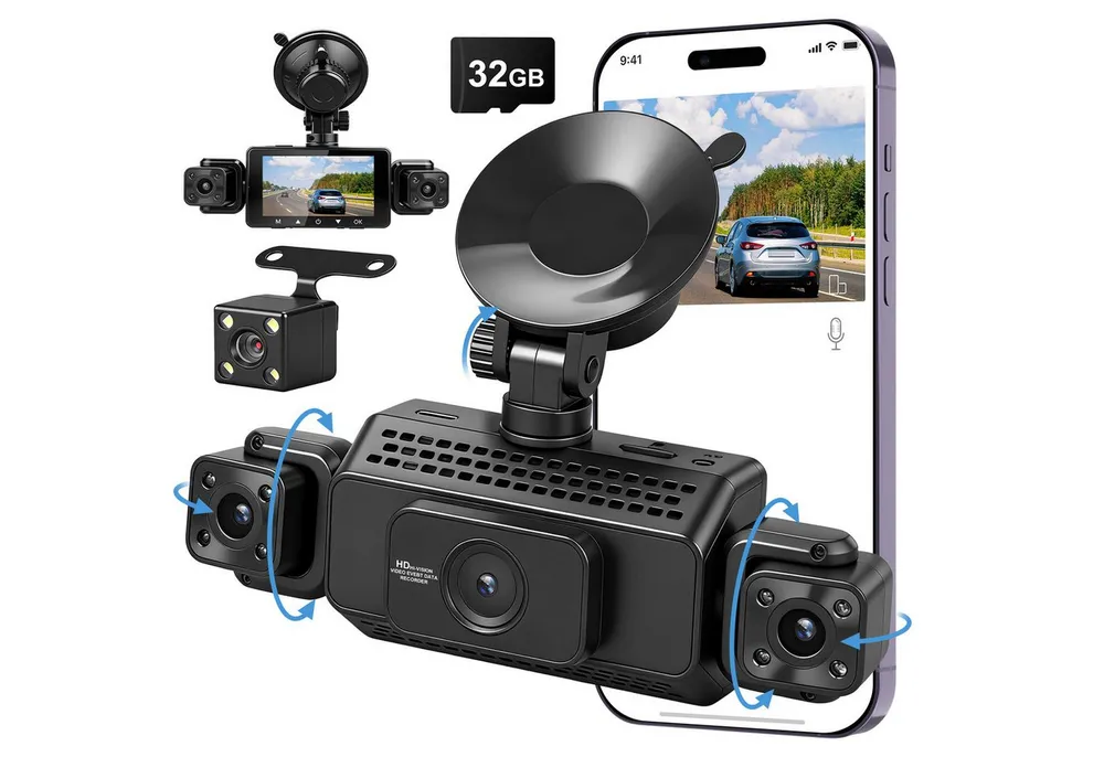 CkeyiN Pro 1080P Dashcam Auto,4-Kanal Dashcam (1080, 3-Zoll,WiFi DashCam mit 32GB Karte, G-Sensor, mit Nachtsicht, WDR, 140° Weitwinkel, Loop-Aufnahme)