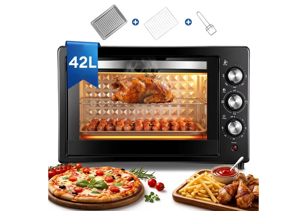 CkeyiN Pro Minibackofen 42 L,Kleiner Backofen,Camping Ofen,Ober-/Unterhitze, Pizzaofen 100-250°C,60 min Timer,mit Backblech