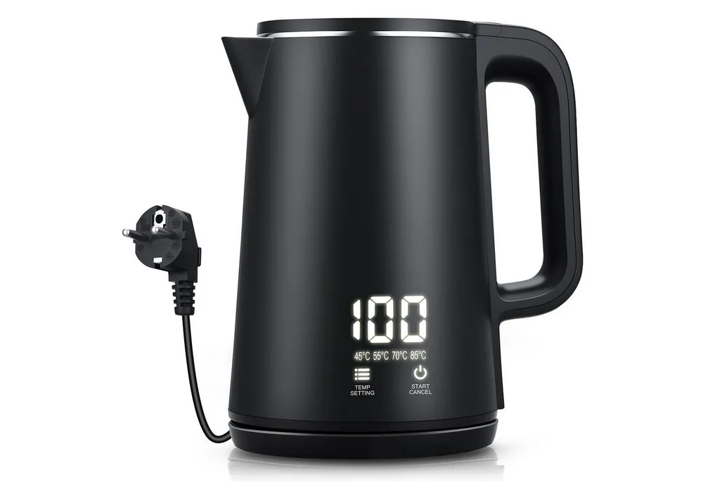 CkeyiN Pro Wasserkocher 304 Edelstahl,1.8L,mit 5 Temperaturregler,Wasserkocher Doppelwandig, 2200 W, 2200W, LCD Digitale(45-100°C)