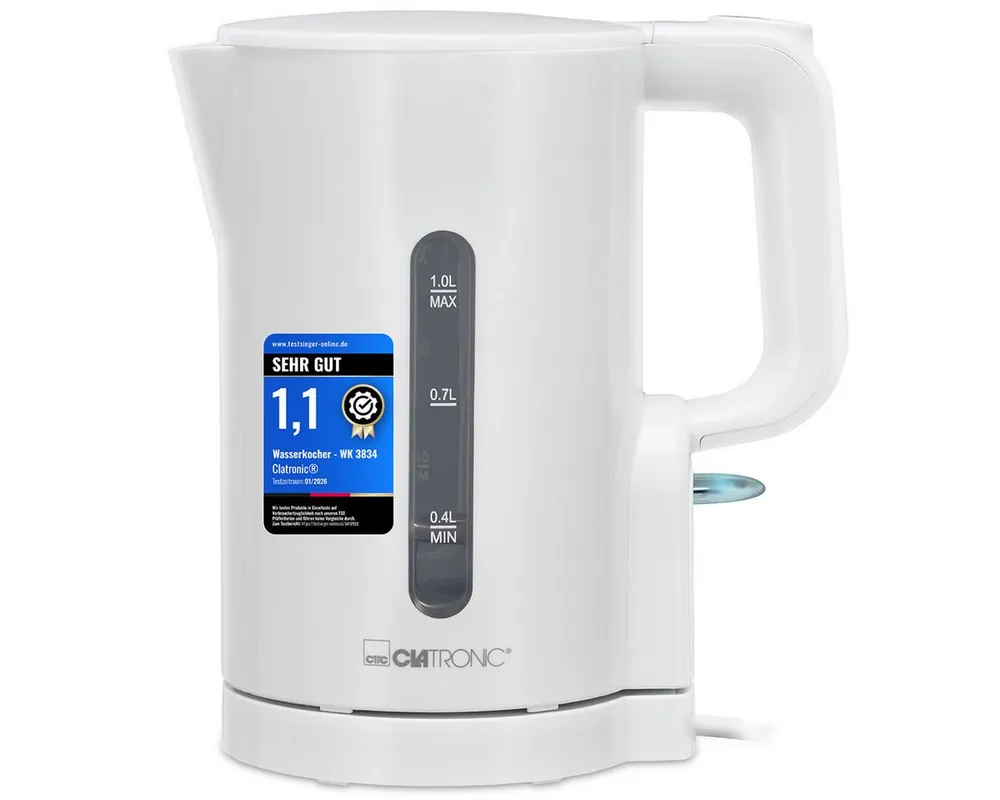 CLATRONIC Wasserkocher WK 3834, Wasserkocher 1L, 900W, Einhandbedienung