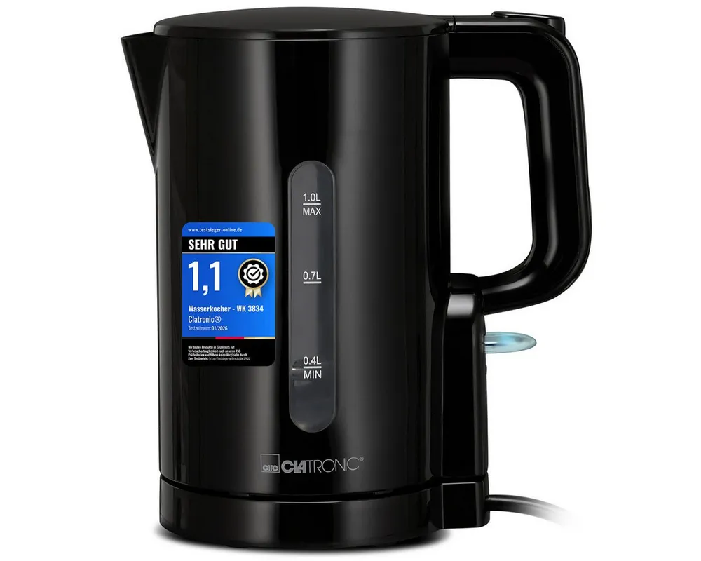 CLATRONIC Wasserkocher WK 3834, Wasserkocher 1L, 900W, Einhandbedienung