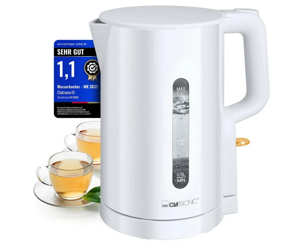 CLATRONIC Wasserkocher WK 3835, Wasserkocher 1,7L, 2200W, Einhandbedienung
