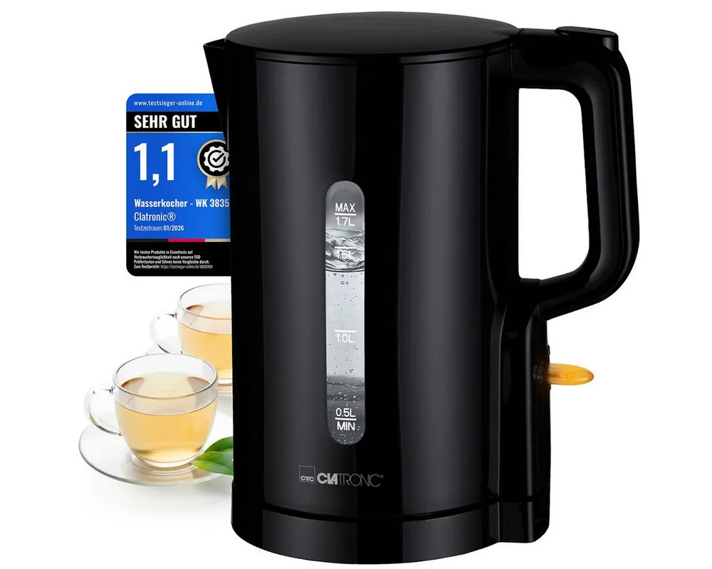 CLATRONIC Wasserkocher WK 3835, Wasserkocher 1,7L, 2200W, Einhandbedienung