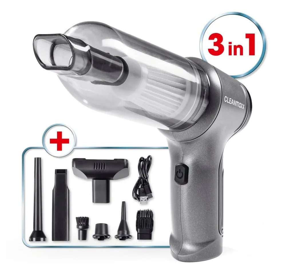 CLEANmaxx Akku-Handstaubsauger Saug-, Gebläse- & Vakuumierfunktion, 50 W, beutellos, 3-in-1 Funktion Handstaubsauger Kabellos Mini Staubsauger 7 Aufsätze