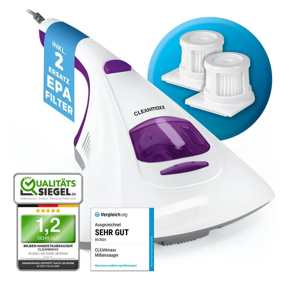 CLEANmaxx Matratzenreinigungsgerät entfernt 99,9 % Milben - 2 Ersatz-EPA-Filter, 300 W, Matratzen Bettdecken Kissen sterilisierend desinfizierend